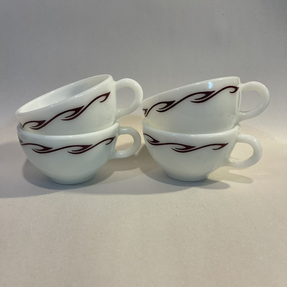 Vintage Pyrex Teacups Coffee Corning Milk Glass Restaurant Ware Maroon Waves